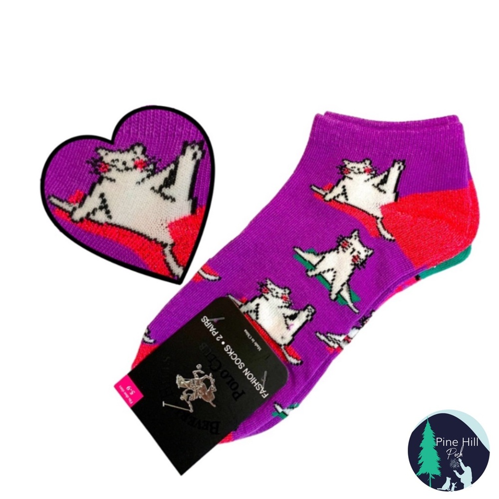 2 Pair No Show Socks Cat Yoga Geometric Womens Size 5 - 9 Purple Pink